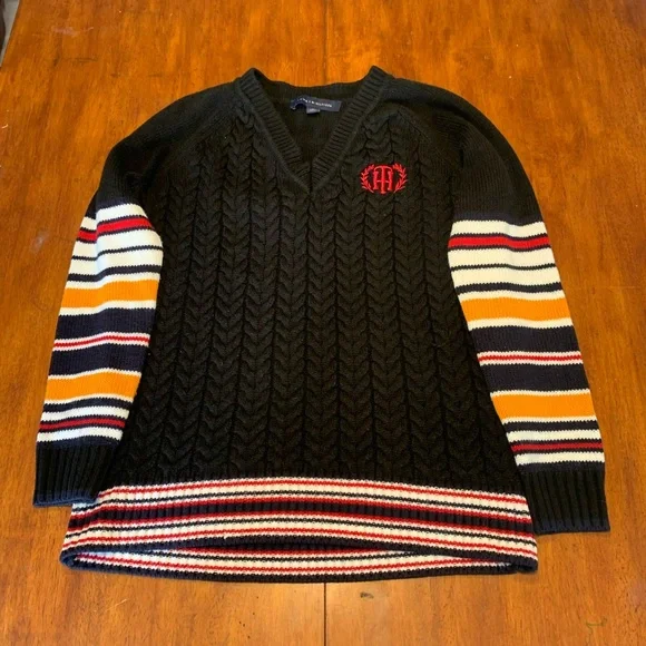 Tommy Hilfiger Black Cable Knit V-Neck Sweater with Striped Sleeves - Picture 2 of 2
